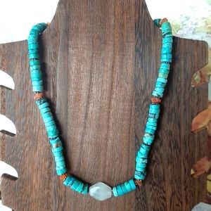 VTG Sterling Silver, Turquoise, Chipped Amber & Aventurine Necklace